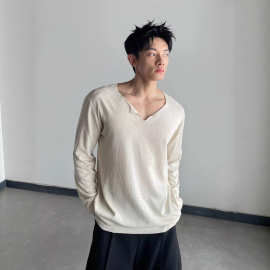 V领长袖T恤男春秋新款韩系轻熟纯色透气针织体恤宽松阔版休闲上衣