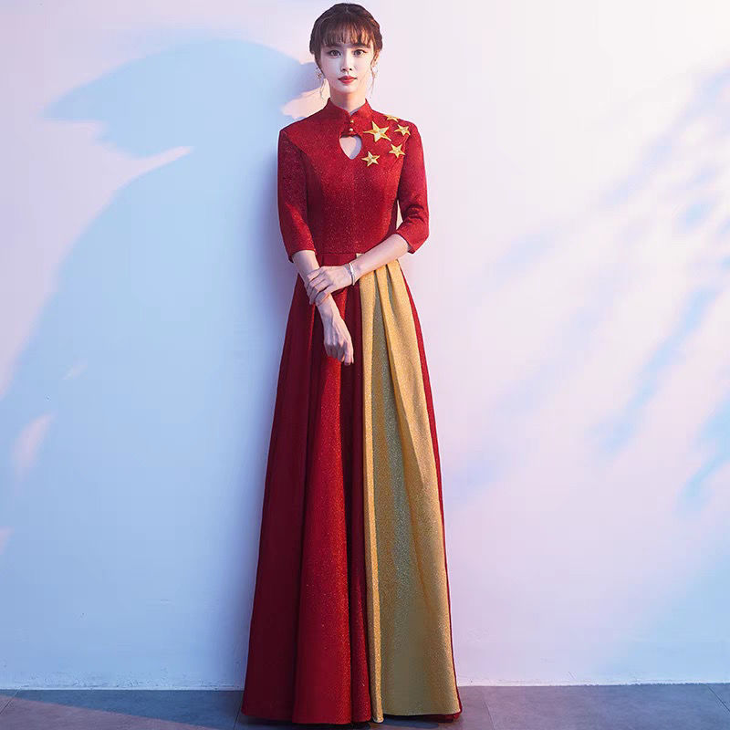 コーラスパフォーマンス服新しい大人の赤い歌コンクールイブニングドレス中高年コーラスパフォーマンス服高級学生|undefined