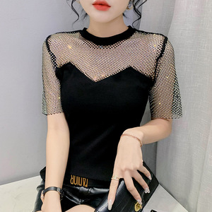 Slim fit heavy industry hot diamond mesh diamond temperament versatile short sleeved T-shirt