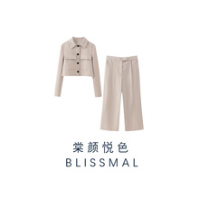 ZARO 自制 欧美风时尚气质爆款口袋装饰短款西装+高腰宽腿长裤