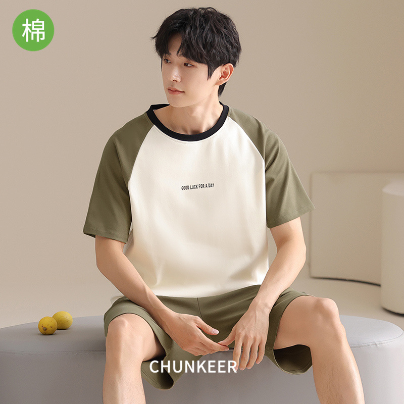 Men's Cotton Pajamas Short-sleeved Shorts suit Summer Outfit Casual Home Suit Two-piece Cotton Crewneck