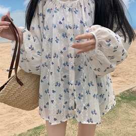 小清新碎花长袖防晒衬衫宽松显瘦圆领甜美雪纺衫图片色有吊牌氨纶