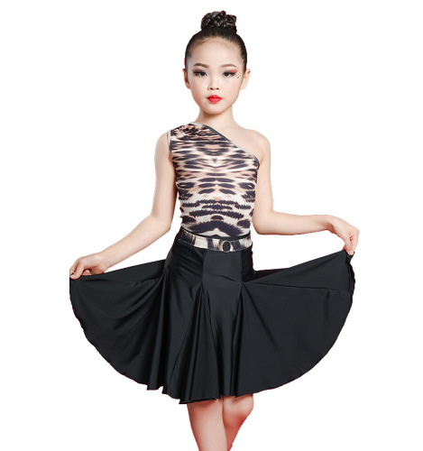 Girls leopard one shoulder latin dance dresses for kids children latin dance costumes for children