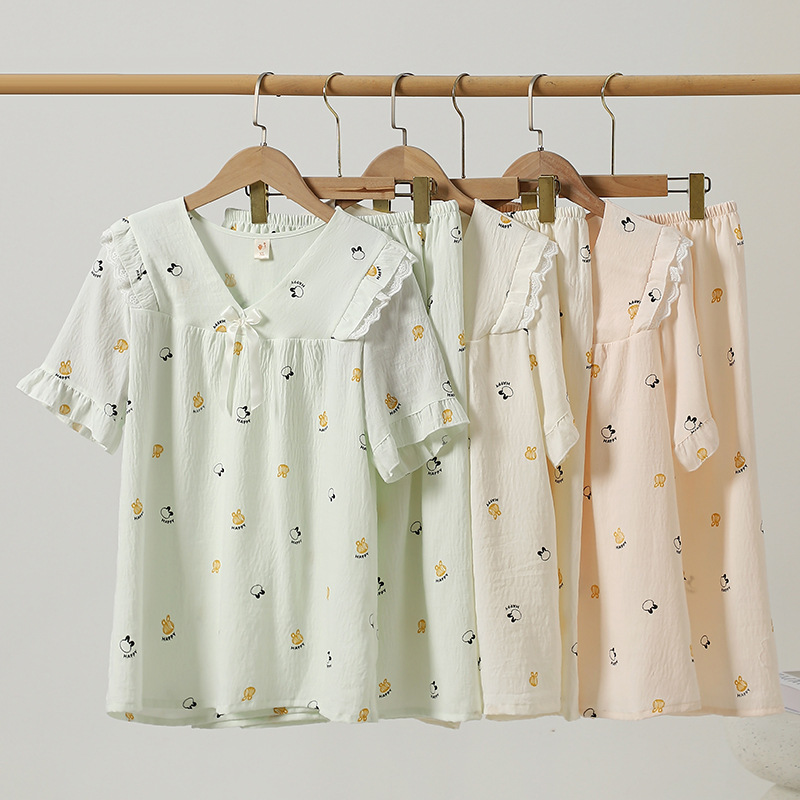 새로운 클라우드 코튼 파자마 봄과 가을 여성 홈 의류 반팔 자른 바지 투피스 세트 의류