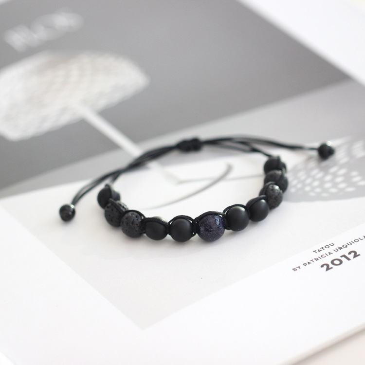 Artistic Mori Style Fresh Gold Sand Stone Blue Sand Stone Woven Black Rope Bracelet Couple's Best Friend Hand Rope Birthday Gift 92