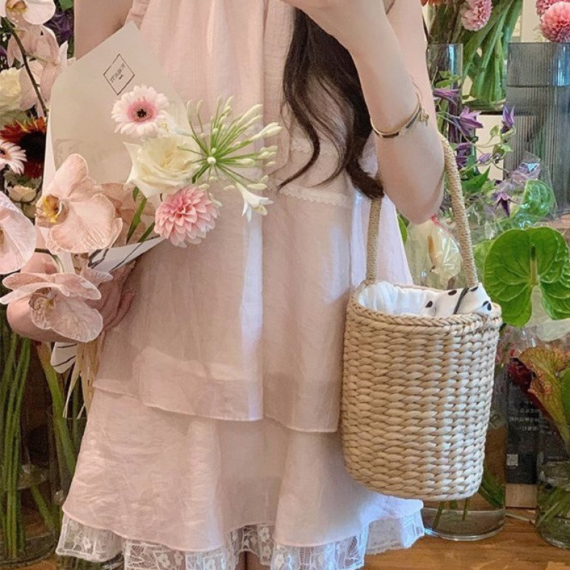 粉色蕾丝拼接甜美气质挂脖衬衫半身裙套装宽松小个子两件套女|undefined