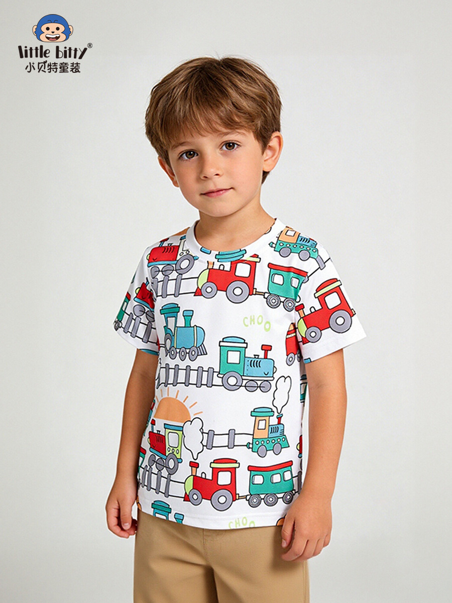 26 Spring and Summer Casual Fashion Children's T-Shirt with Cartoon Car Print, Round Neck, Boys' Top, In-Stock Children's Clothing