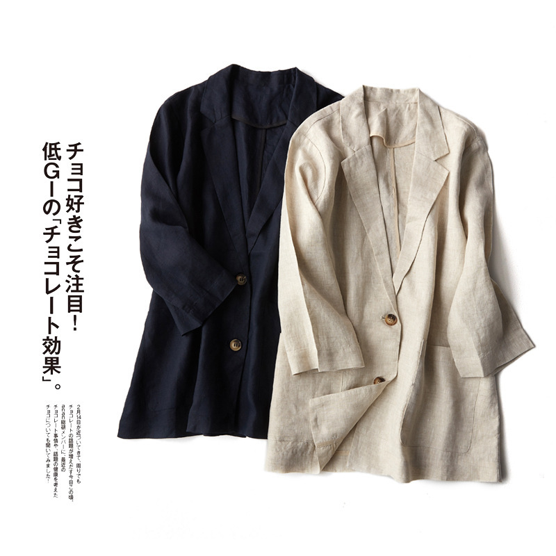 Relaxed and Casual Foreign Trade Japanese Customer-Supplied Pure Linen Loose and Comfortable Three-Quarter Sleeve Casual Suit Jacket for Women