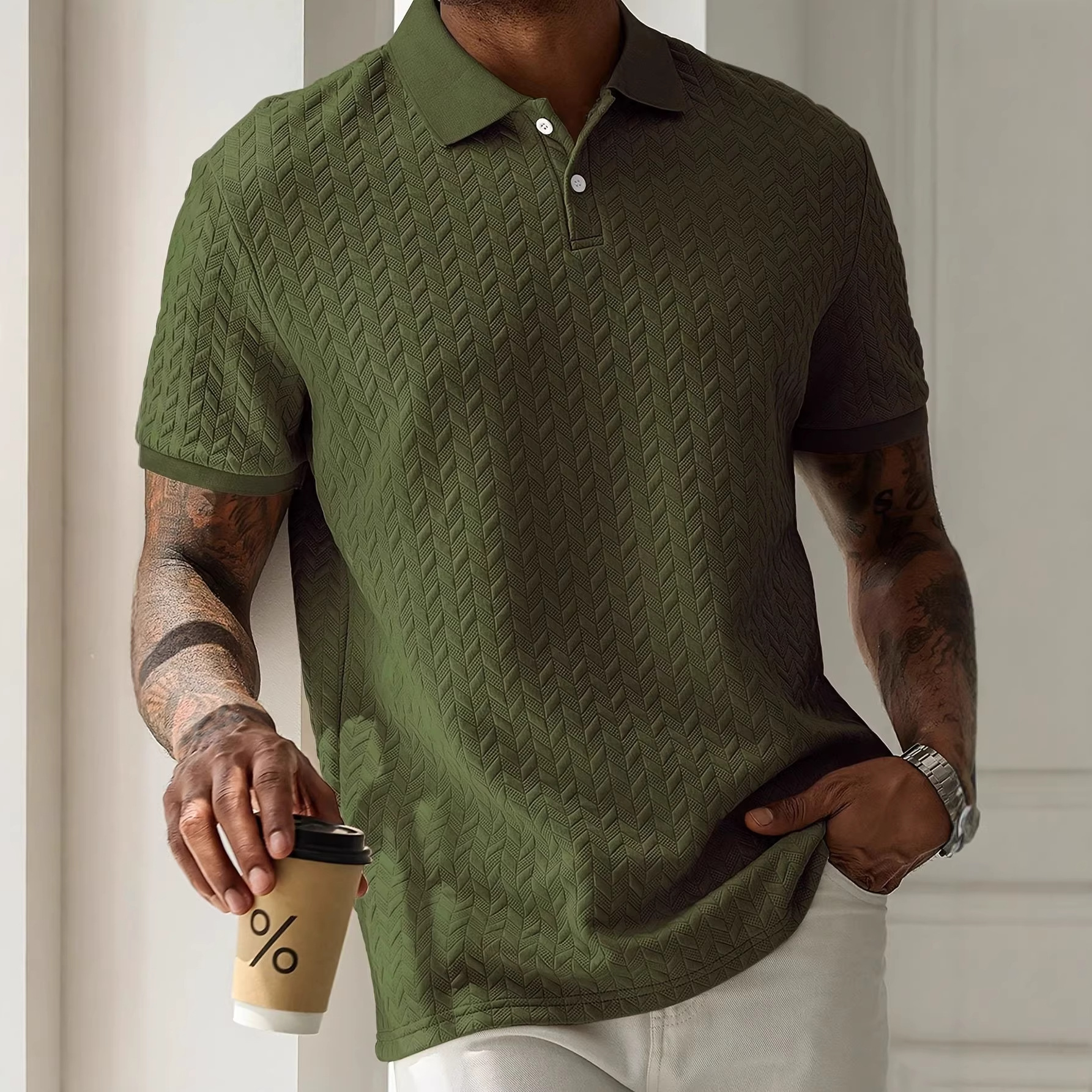 Polo da uomo casual a maniche corte con trama, ideale per il commercio estero europeo e americano transfrontaliero estivo 2026._voghion.com