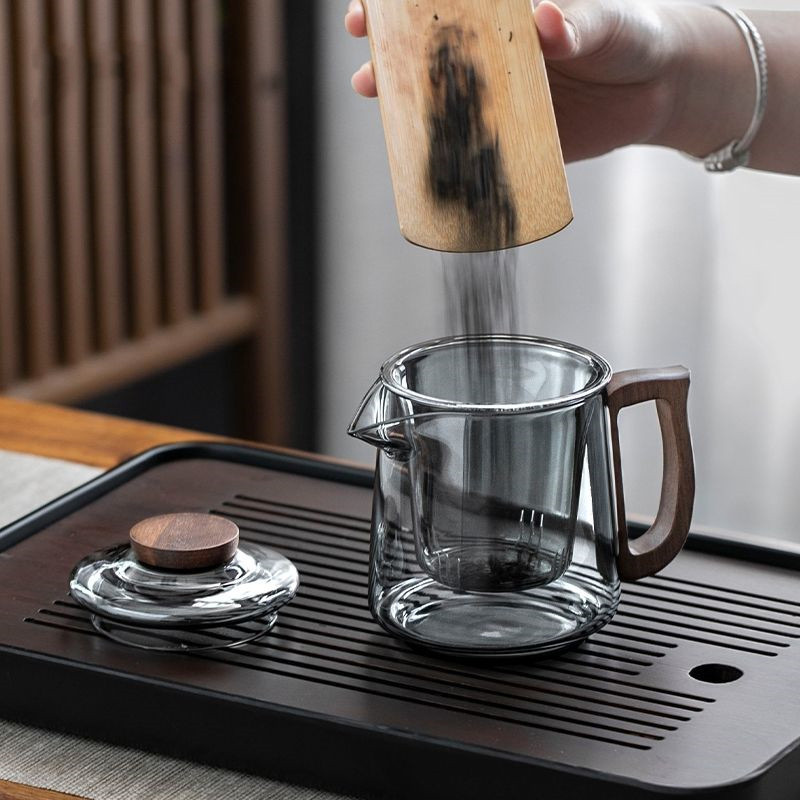 Oficina de vidrio transparente de borosilicato mango de madera tetera de flores hogar simple separación de Té de doble propósito olla