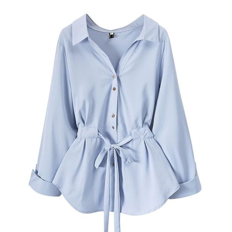 Blue Chiffon Shirt for Women, Long-Sleeved, 2026 New Spring and Autumn Korean Style V-Neck Stylish Shirt, Rural Top