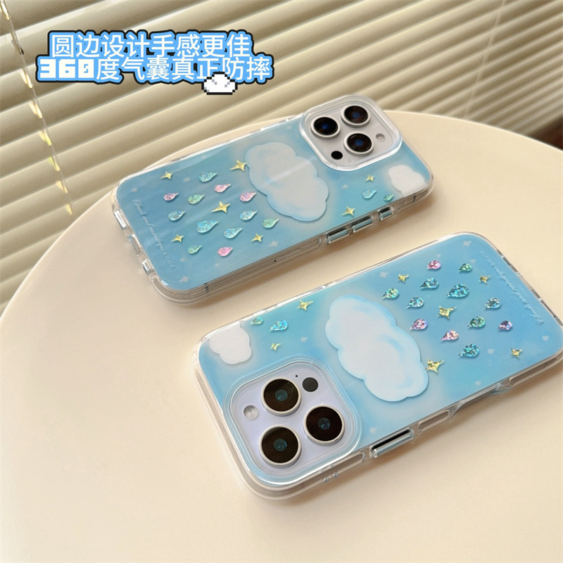 Ins viento mancha gotas de lluvia de diamantes de imitación azules para iPhone 16ProMax funda para teléfono móvil 13 Apple 14/15 chica de nicho