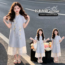 女童夏季套装裙2026新款儿童条纹衬衫裙蕾丝半身裙洋气叠穿两件套