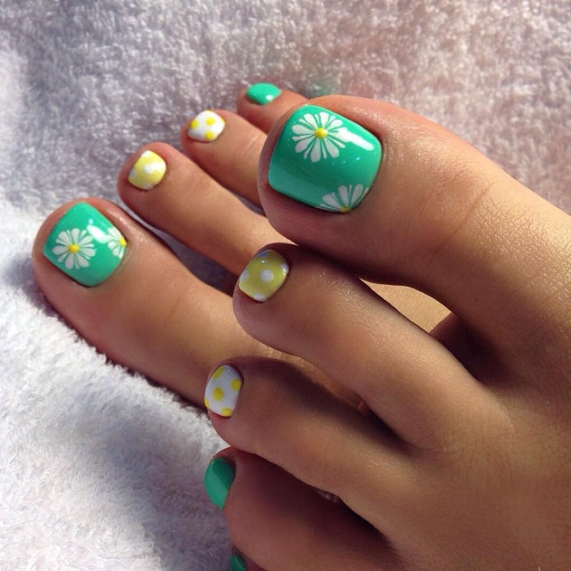 Cross-Border Hot-Selling Toenail Wearables, High-End Teal Daisy Summer Toenail Fake Nail Pieces, Removable Nail Pieces
