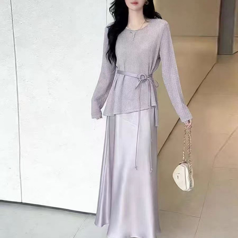 Y9Z Plus-Size Heroine Style Niche Loose Knit Cardigan + Acetate Strap Long Dress Plus-Size Two-Piece Set