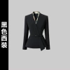 Black long-sleeve, classic suit jacket, belt