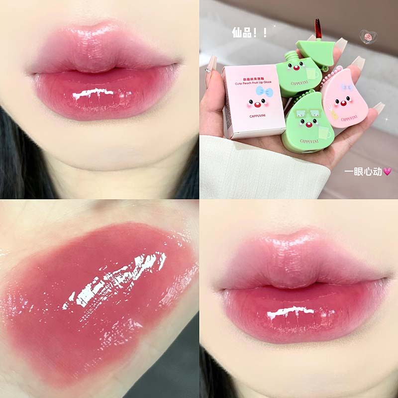 Cappuvini Cute Fun Peach Fruit Lip Glaze Espejo Labios de vidrio Hidratante Blanco Brillo de labios transfronterizo Color Color Lápiz labial Blanco