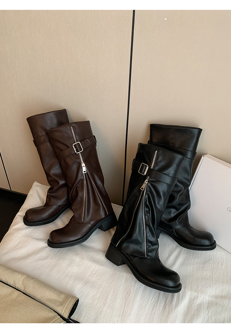 Boot nữ cổ cao ôm bắp chân da thật mũi tròn gót vuông Chunky khóa thắt lưng — màu đen, nâu đậm chi tiết 15
