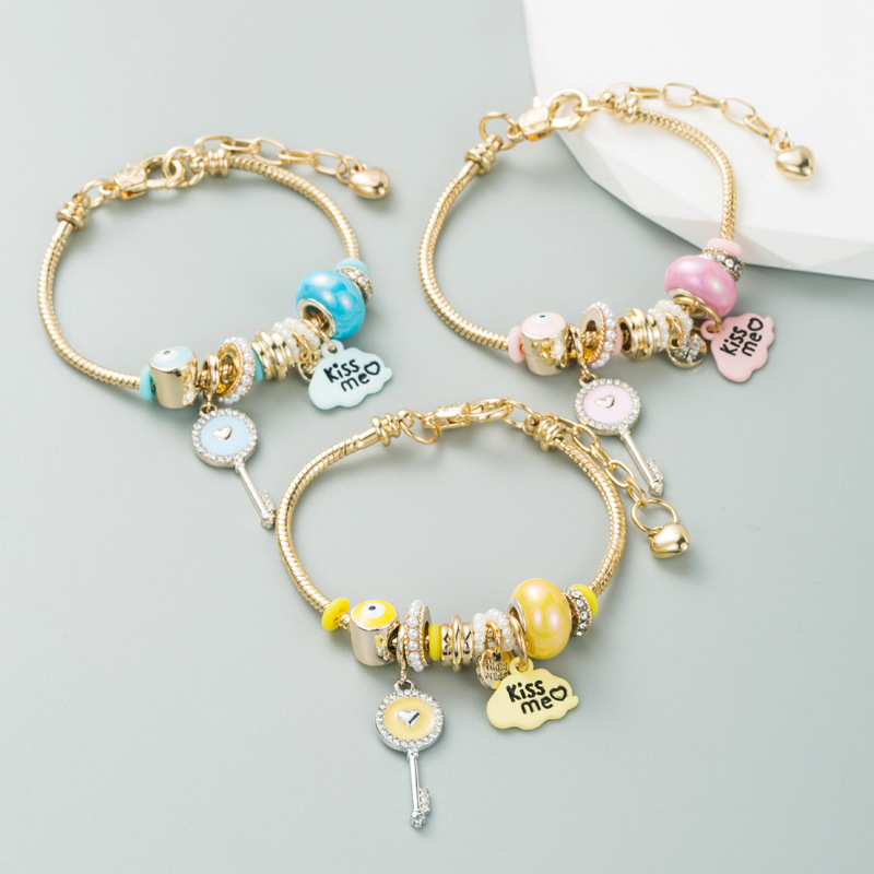 Fashion Key Copper Bracelets Inlay Rhinestones Pearl Copper Bracelets