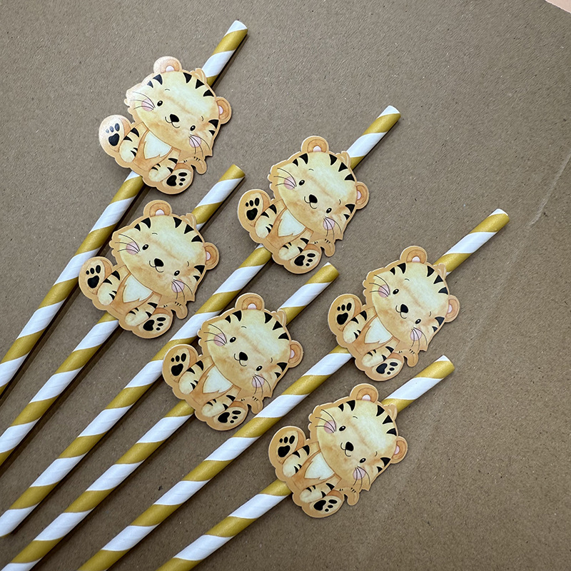Jung Sen temático animal tigre tarjeta paja desechable postre fiesta decoración papel paja