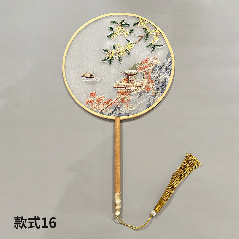Abanico de grupo bordado Abanico redondo clásico Abanico de palacio Hanfu chino Estilo antiguo Mango largo Borla Cheongsam Ventilador de baile de seda transparente
