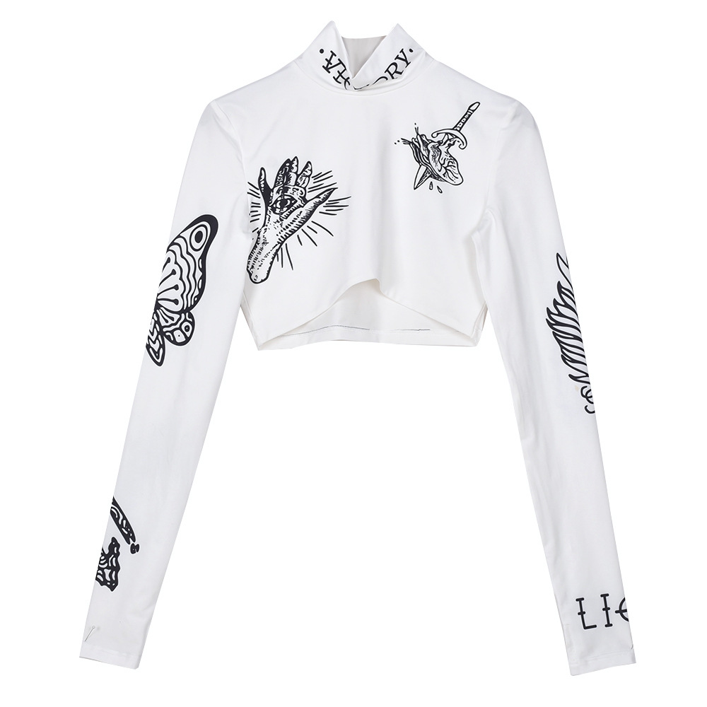 Sexy Printed Long-Sleeved Short T-Shirt NSFR103529