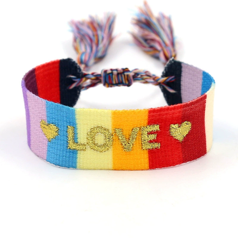 handmade woven bracelet, polyester, embroidered letters with tassels, adjustable (love)