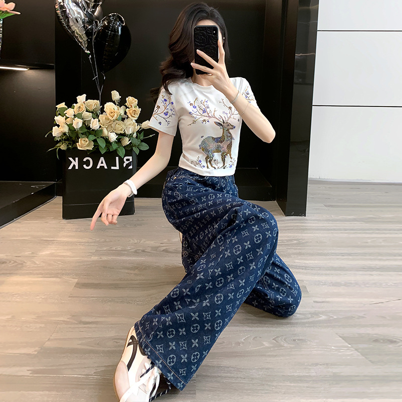 여름 여아를 위한 연령 감소 의상, 데님 프린트 반팔 티셔츠, 고급 와이드 레그 청바지 투피스 세트