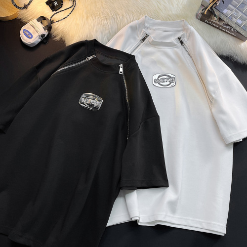 Designer unisex t-shirt with dual zipper, men's short-sleeve summer American large size street fashion brand half-sleeve T-shirt