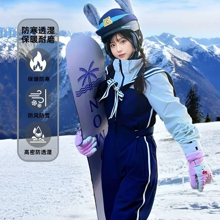 LDAB retro navy style ski suit for women, 2026 winter new thickened outdoor windproof snowboard jacket