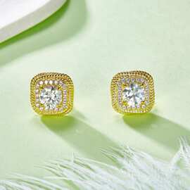 S925银镀18K黄金扭绳方小方糖圆形莫桑钻耳钉1.0CT/粒