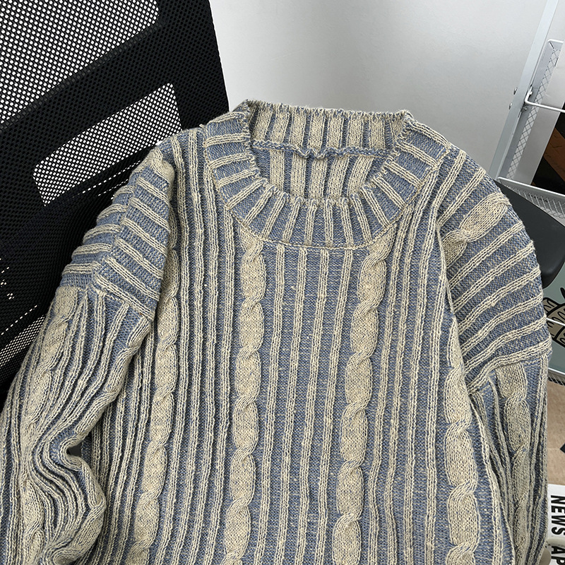 Suéter de punto a rayas retro americano de color mixto diseño perezoso nicho de diseño juvenil jersey de cuello redondo