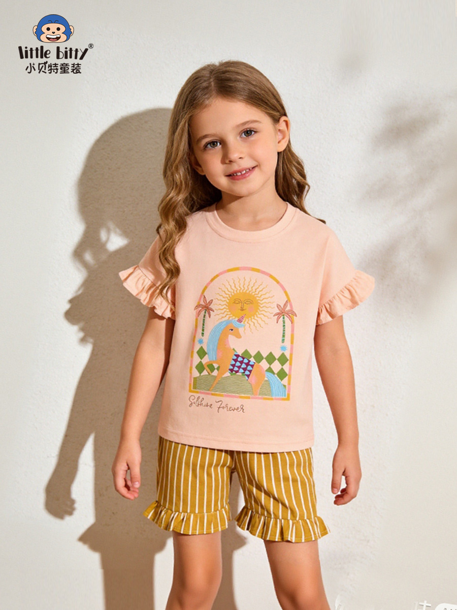 European and American Style 26-Year Spring/Summer Children's Short-Sleeve Set with Cartoon Unicorn, Round Neck, Ruffle Sleeves, and Print for Girls, in Stock for Wholesale