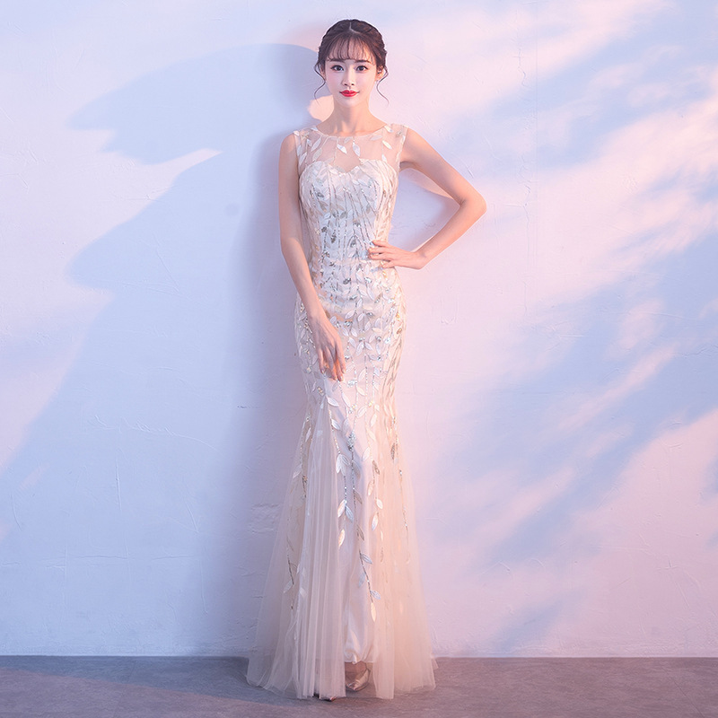 Evening Dress for Women 2025 New Champagne Color Banquet Noble Elegant Host Long Fishtail Party Long Dress Slim Fit Evening Dress for Women 2025 New Champagne Color Banquet Noble Elegant Host Long Fishtail Party Long Dress Slim Fit