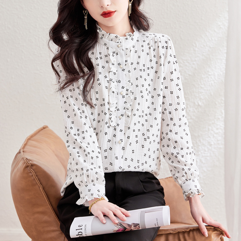 Spring Long-Sleeve Blouse for Women with Printed Ruffles, Mom-Style Silk Top, High-End Women's Clothing Made from Xiangyun Silk