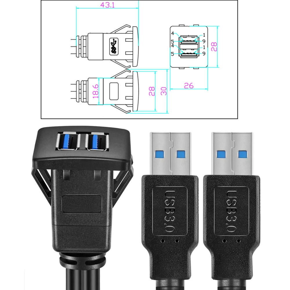 Двойной порт USB3.0 водонепроницаемая линия автомобильной панели приборов звуковое удлинение USB для автомобиля ABS корпус