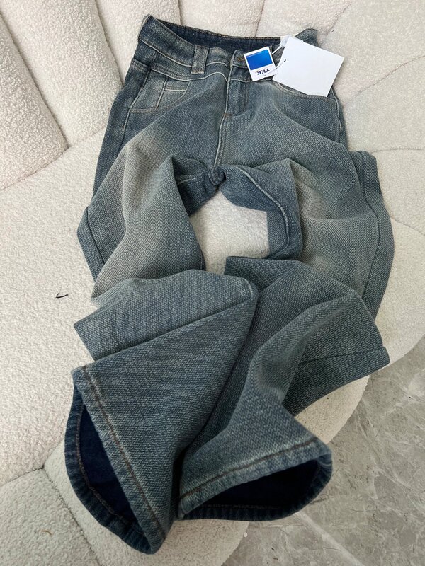 Tall Ladded Star Pattern Wide Leg Jeans Women's Autumn and Winter fleece-lined High Waist Loose Straight Slim Look Pants