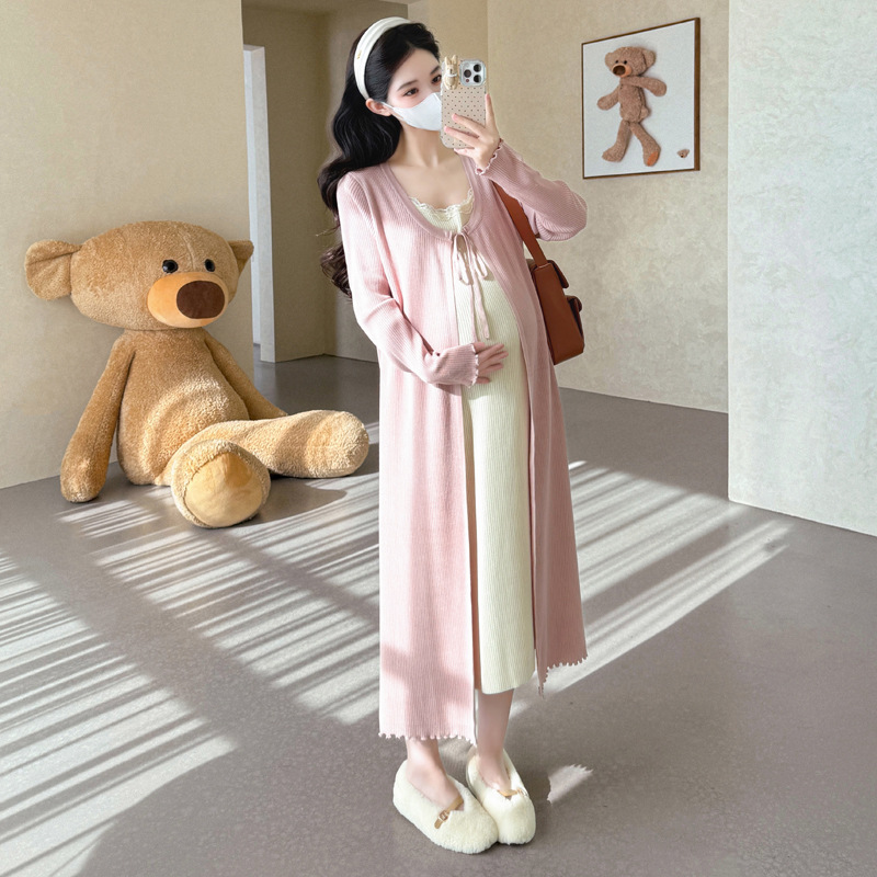 2025秋冬新款孕妇套装甜美假两件蕾丝拼接针织撞色系带孕妇连衣裙|undefined