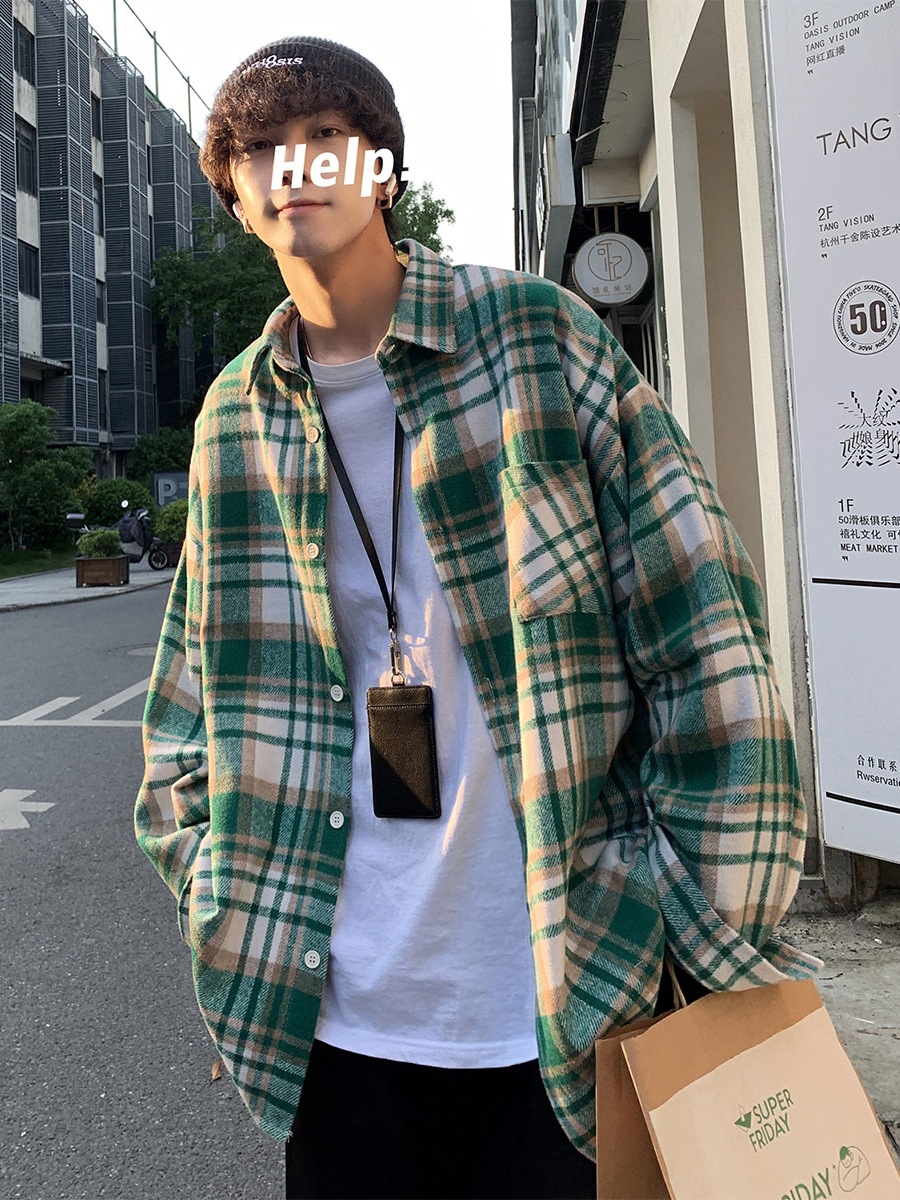 Camisa a cuadros de lana de alta gama de ropa de trabajo de la marca de moda Camisa de calle secundaria de manga larga suelta de estilo vintage para hombre