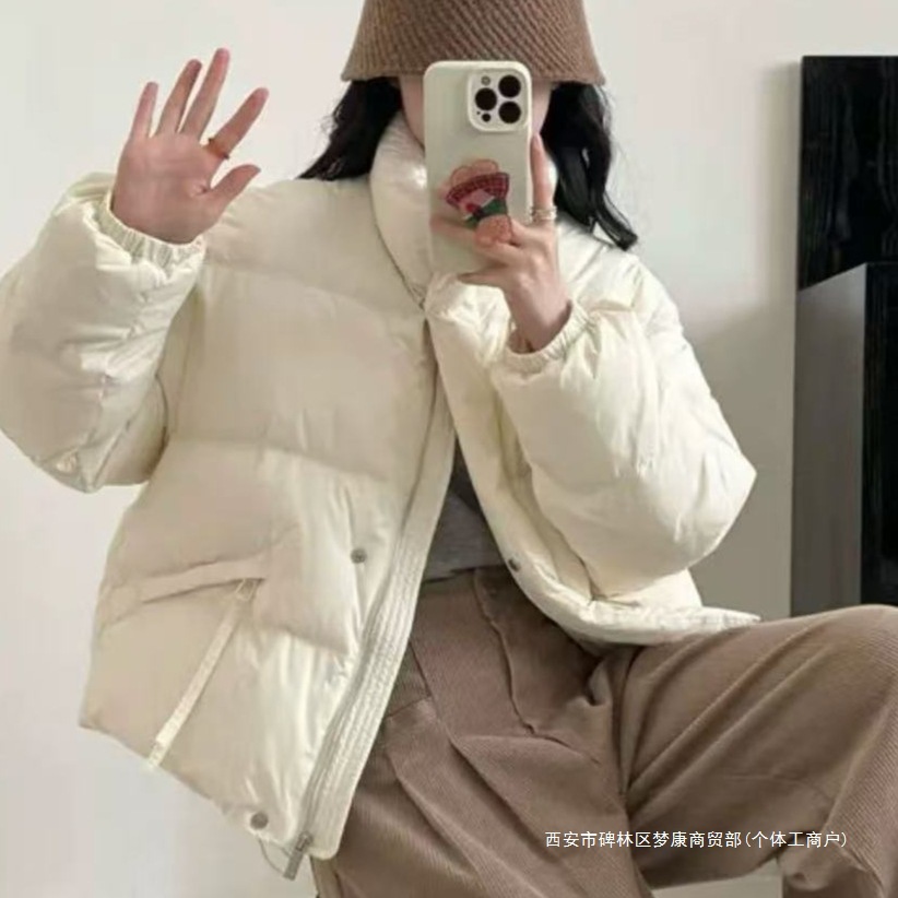 跨境嘉嘉 新款羽绒服女装短款立领斜拉链羽绒服蓝色米白色粉色黑