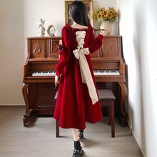 绑带丝绒连衣裙女秋冬装大码法式设计感红色礼服长裙子
