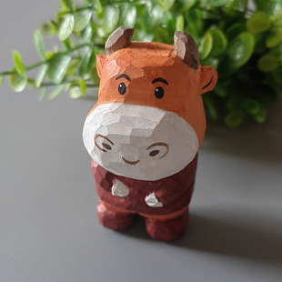 Round ear cow wood carving handmade desktop decoration crafts solid wood carving holiday small gift creative home wholesale