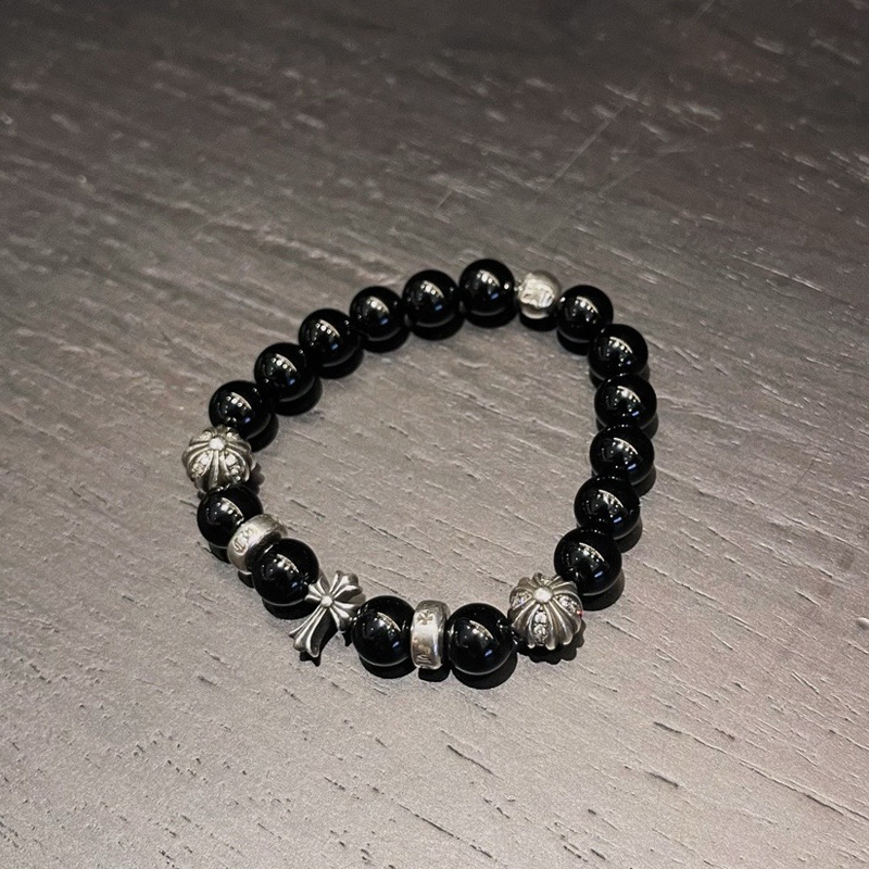 Sterling Silver Crowe 8mm Obsidian Bracelet for Men and Women Couple Internet Celebrity with Domineering Hip Hop Trend Personalized Punk