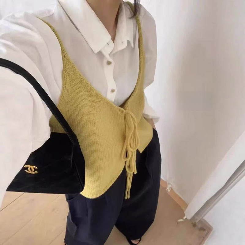 Early Autumn New Loose Dopamine V-Neck Tie Sleeveless Knitted Camisole Women's Short Layered Sweater Vest
