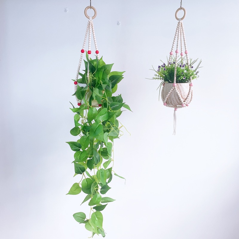 Ins北欧風木珠植木鉢吊りかご掛け装飾家庭装飾創意珠串流蘇植木鉢吊りかご|undefined