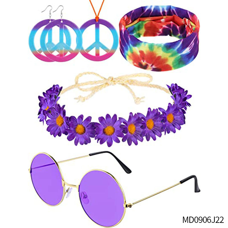 Accesorios de vestir hippies de la década de 1960, diadema de girasol, gafas redondas, conjunto de aretes de collar de talismán de paz
