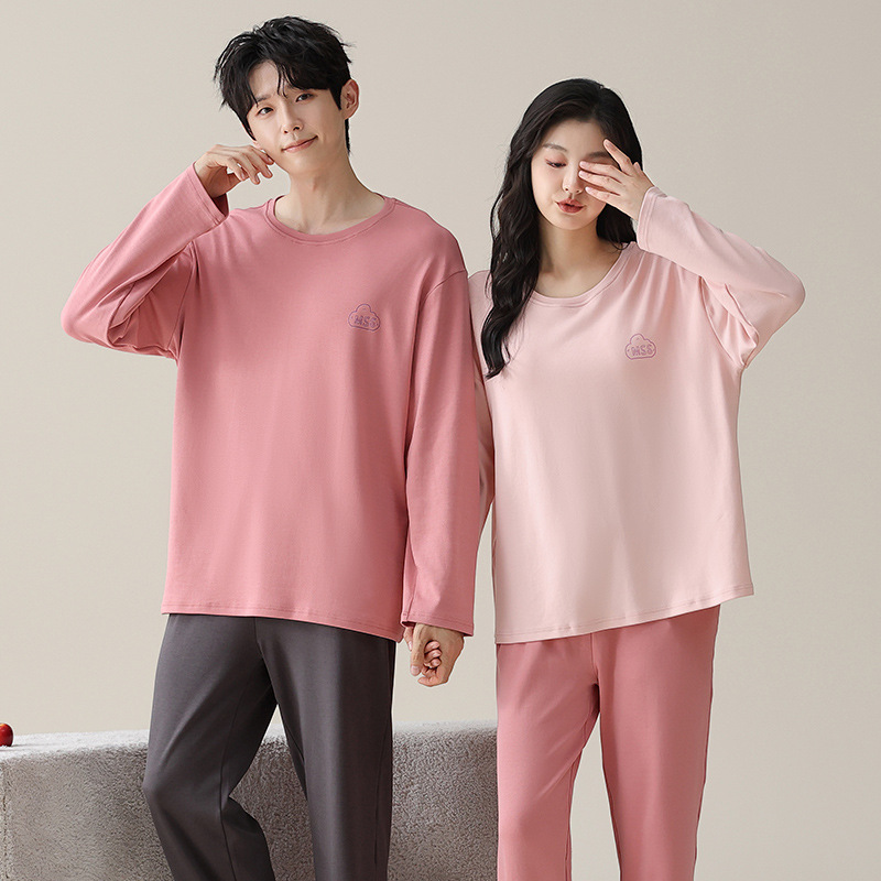 심플한 단색 커플 홈 의류 커플 스타일 홈 루즈 롱 캐주얼 슈트 투피스 슈트 여성 스타일 가슴 패드 포함