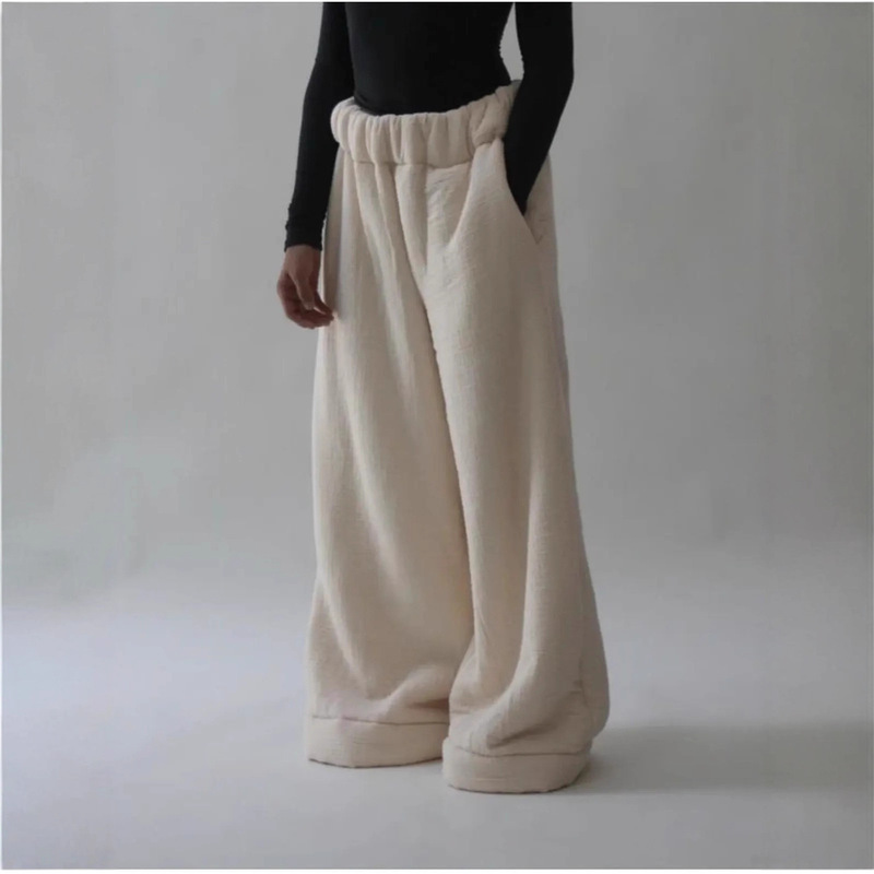 Cross-Border Women's Winter New Warm Lambswool Simple Y2K Street Fashion Loose Wide-Leg Pants with Pockets
