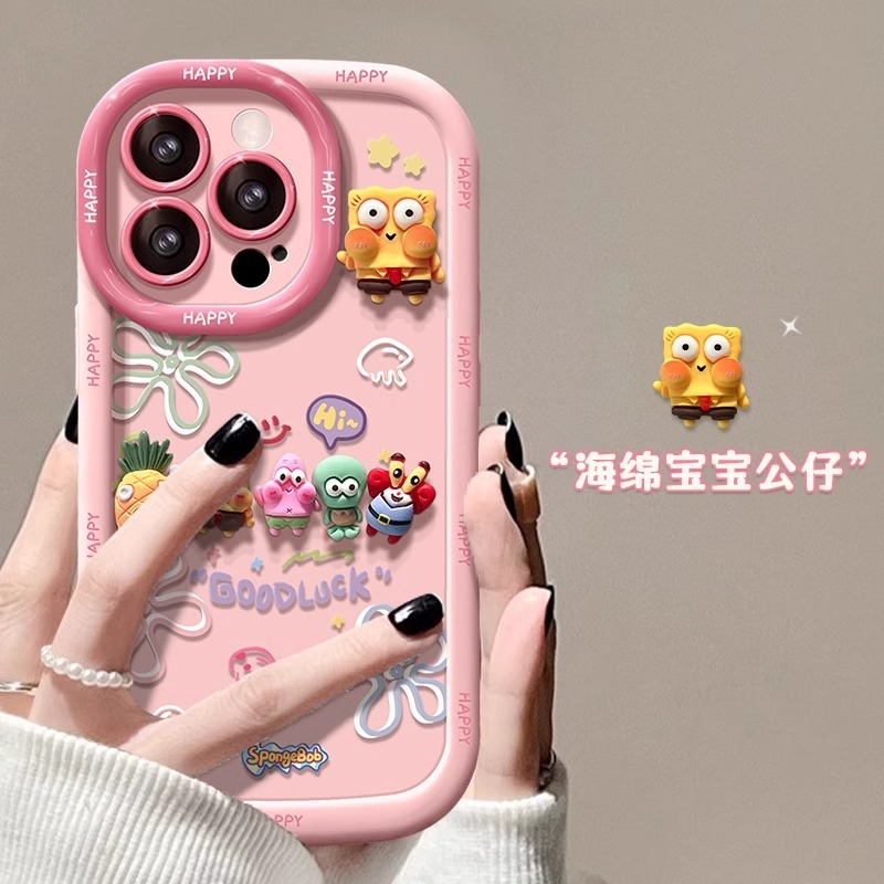 スポンジ・ボブのフィギュアが付いた、肌触りの良いiPhone16promax/14plus/15/13/17対応スマホケース|undefined