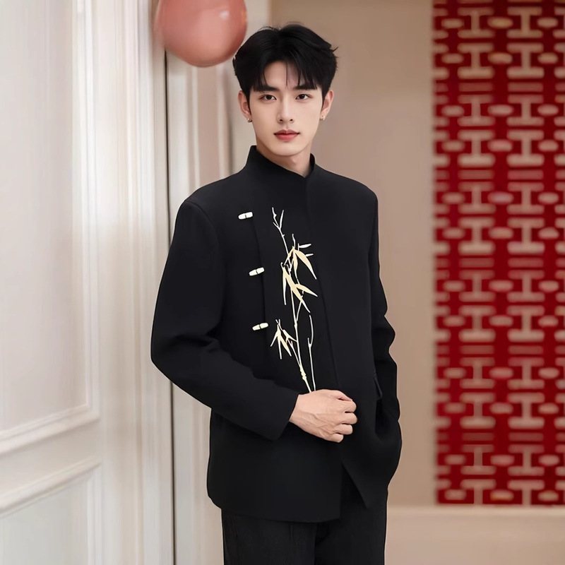New Chinese Style Men's Dress Engagement Ceremony Casual Suit suit Guofeng Vertical Collar Golden Bamboo Embroidery Zhongshan Suit Men's Suit